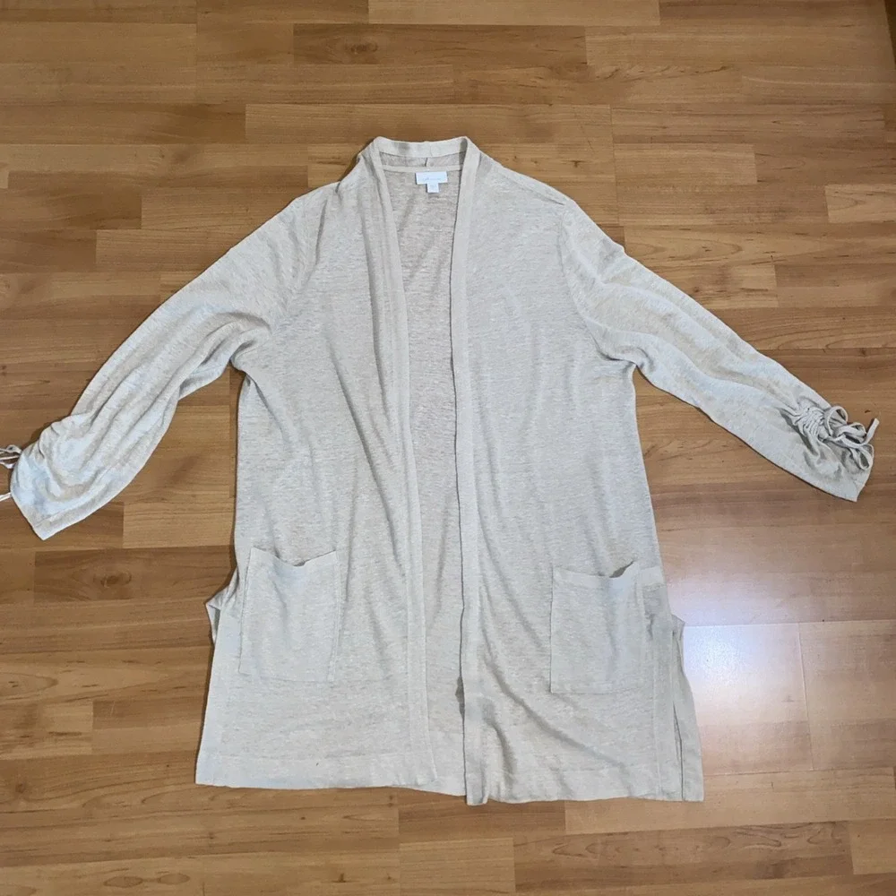 J Jill Love‎ Linen 100% Open Cardigan Cinch Sleeves Pockets Size Large Beige